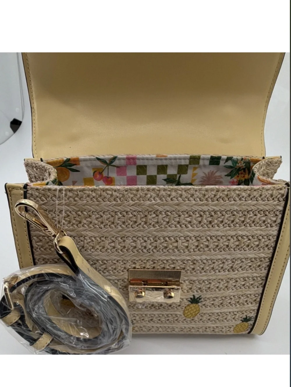 New BCBGeneration Natural Straw Top Handle Bag with Yellow Pineapple Motif